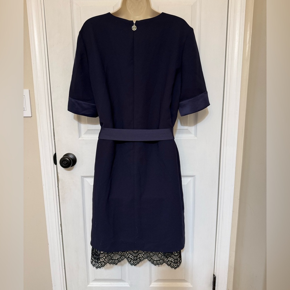 NWT Tommy Hilfiger Navy Lace Hem Belted Midi Dress Size 14 - Picture 4 of 5